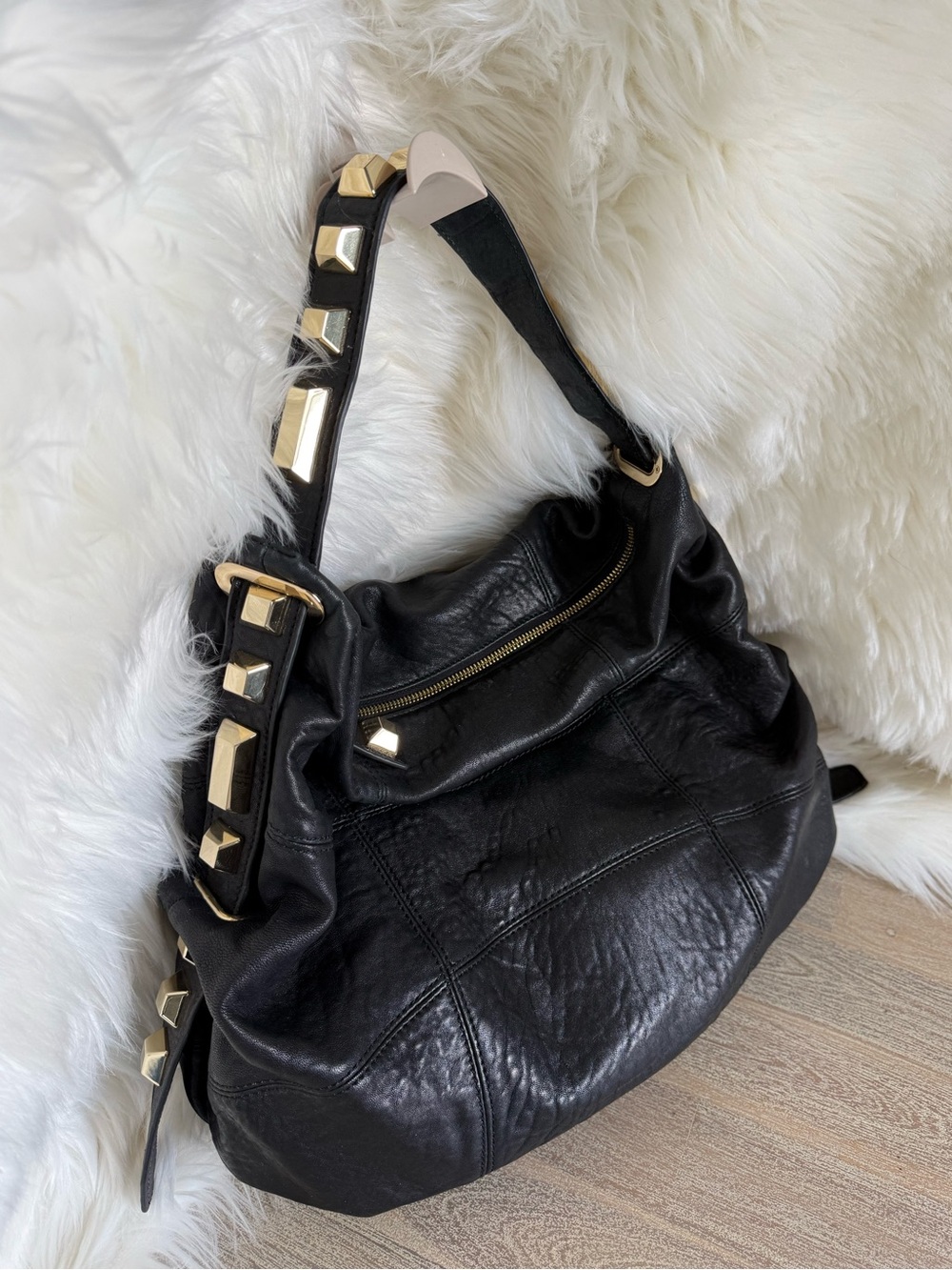 Vince Camuto Black Leather Bag with Gold Hardware